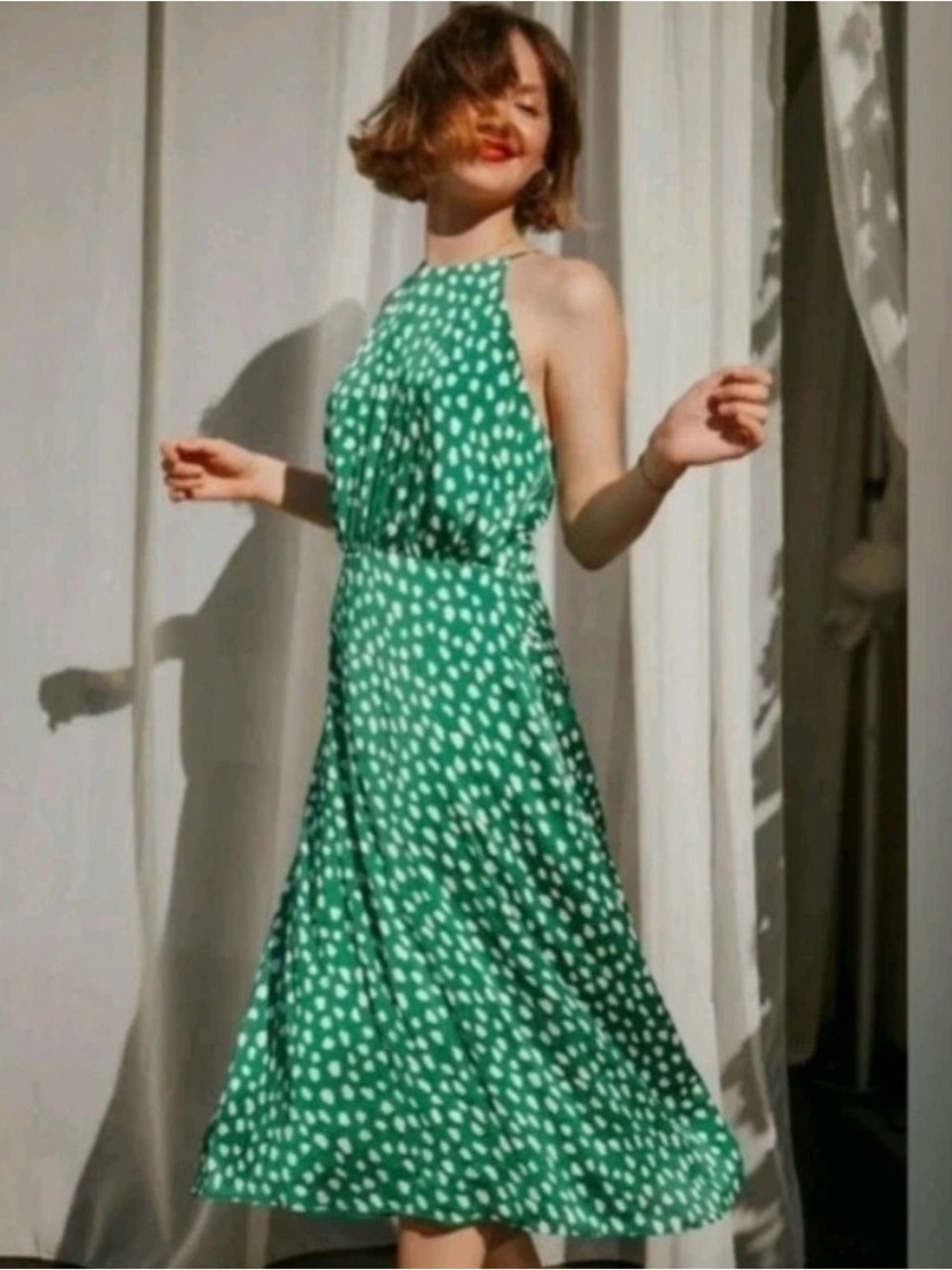 Betsey Johnson Green Halter Midi Dress with White Dot Print NWT